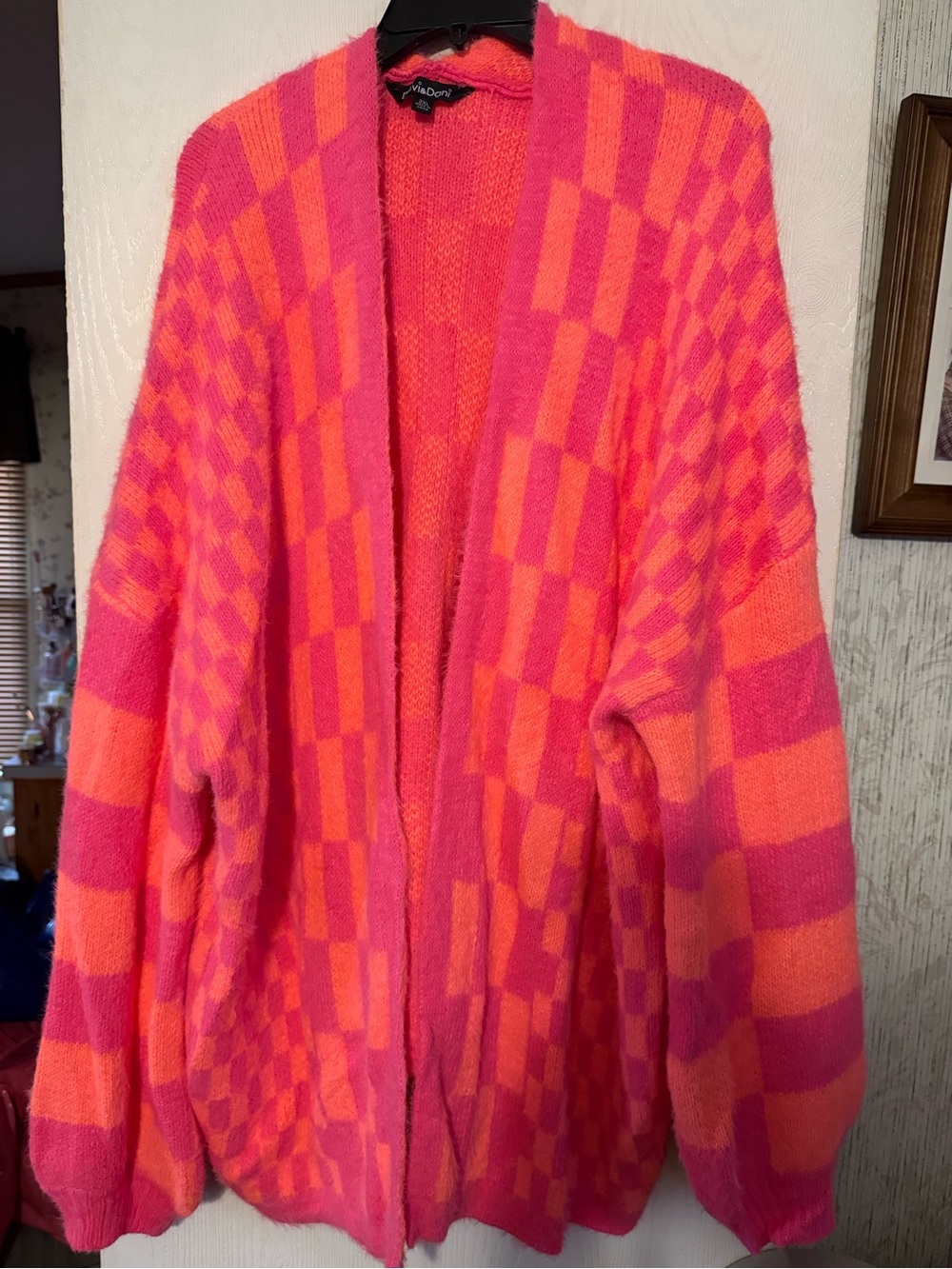 DAVI & DANI Pink and Orange Checker Open-Front Cardigan